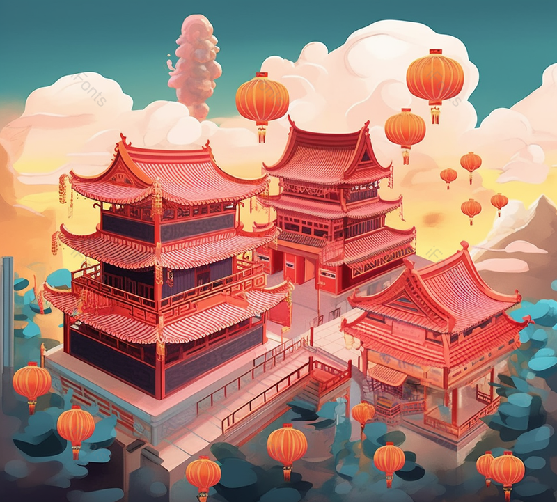 云雾缭绕国风古代繁华建筑傍晚祥云壮观新中式插画,插画/手绘图,插画/手绘图库,插画/手绘图下载,插画/手绘
